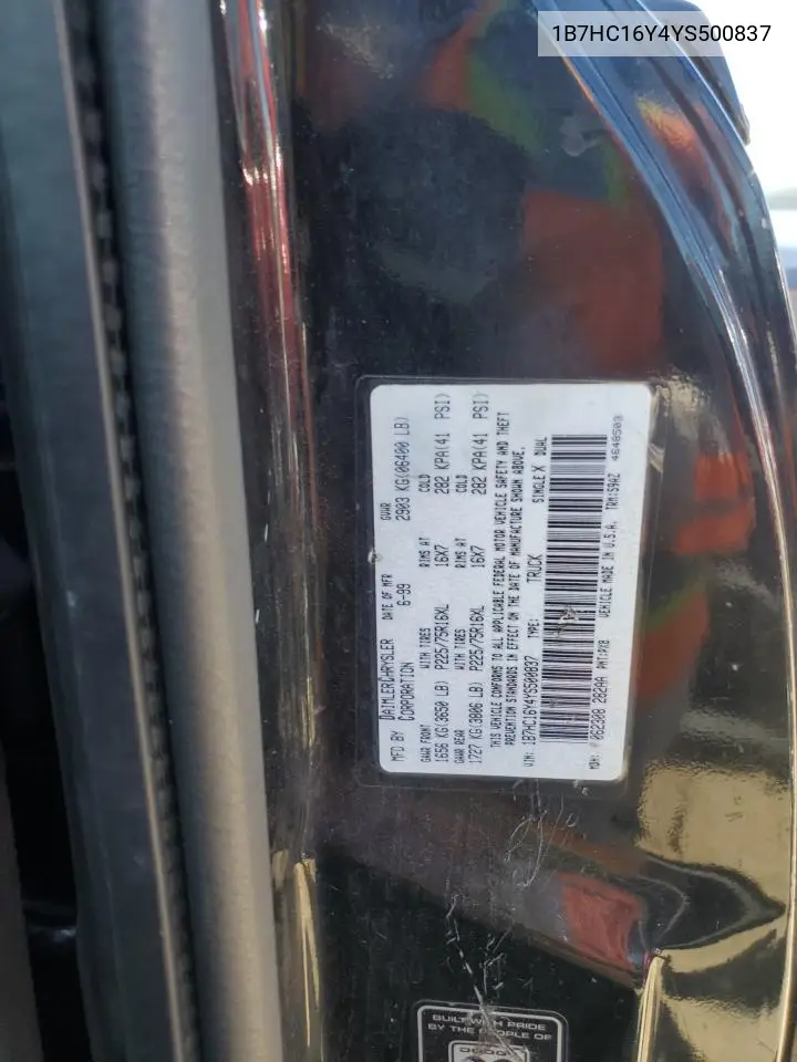 2000 Dodge Ram 1500 VIN: 1B7HC16Y4YS500837 Lot: 55109685