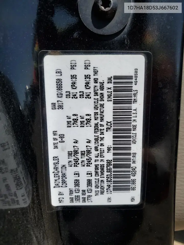 2003 Dodge Ram 1500 St VIN: 1D7HA18D53J667602 Lot: 61799695