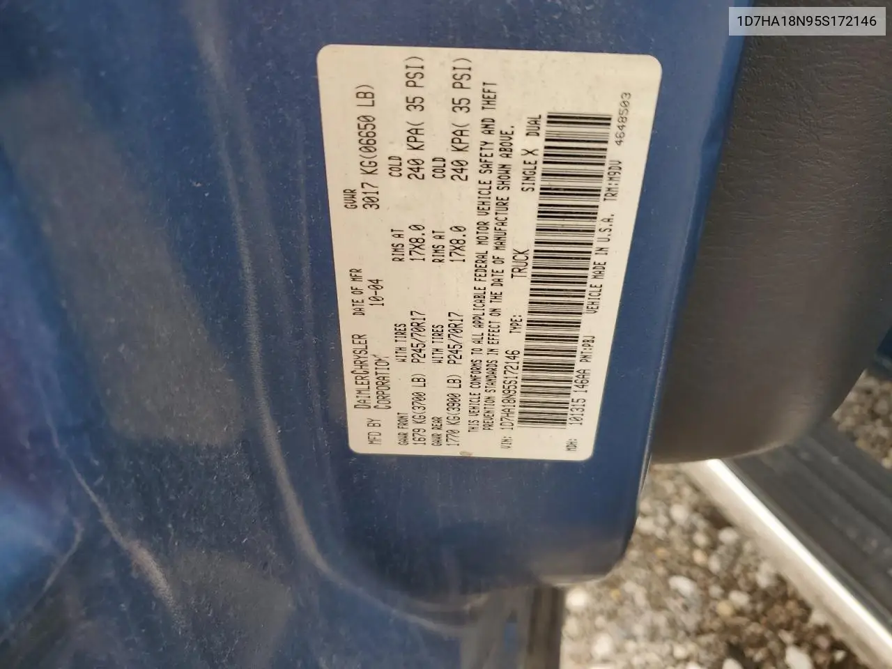 2005 Dodge Ram 1500 St VIN: 1D7HA18N95S172146 Lot: 65627855