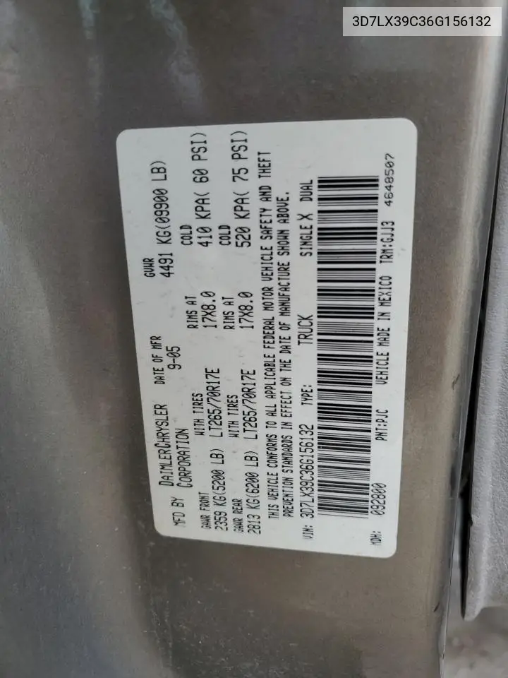 2006 Dodge Ram 3500 VIN: 3D7LX39C36G156132 Lot: 58758525