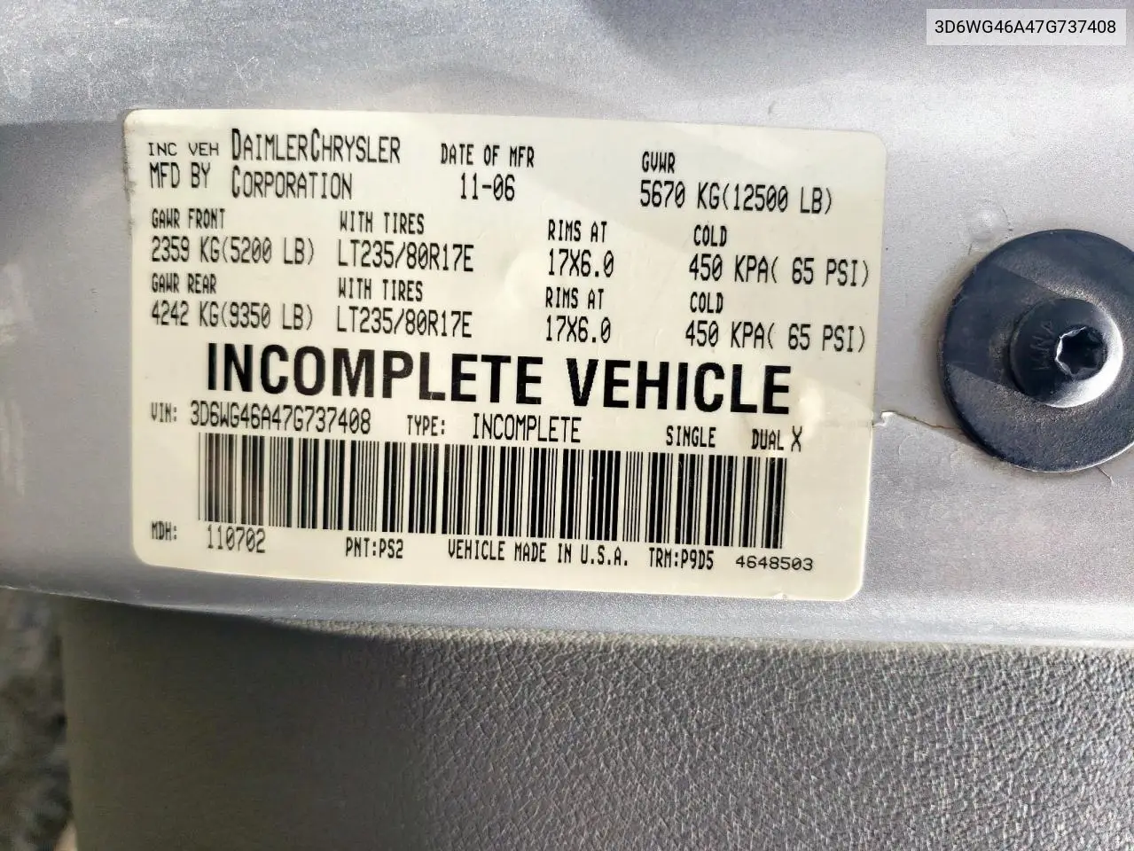2007 Dodge Ram 3500 St VIN: 3D6WG46A47G737408 Lot: 55057435