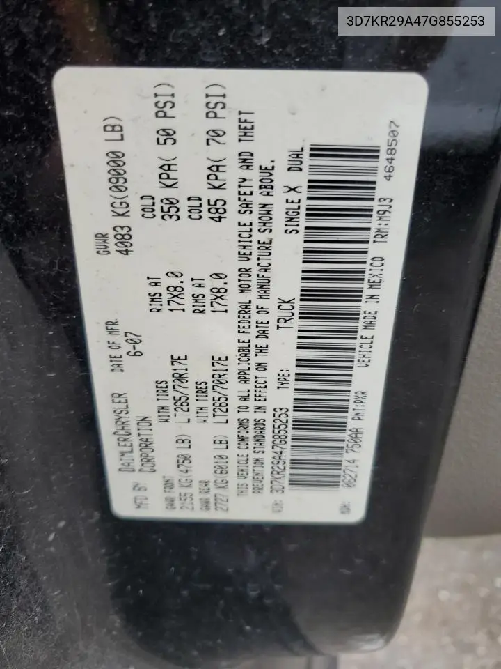2007 Dodge Ram 2500 VIN: 3D7KR29A47G855253 Lot: 56909775