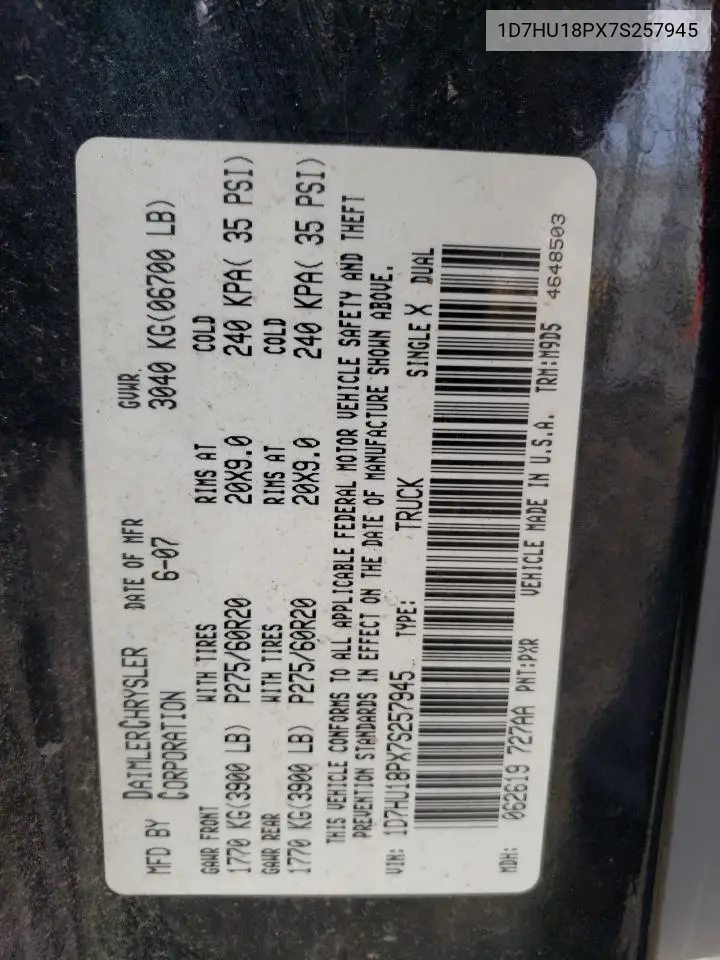 2007 Dodge Ram 1500 St VIN: 1D7HU18PX7S257945 Lot: 62857585
