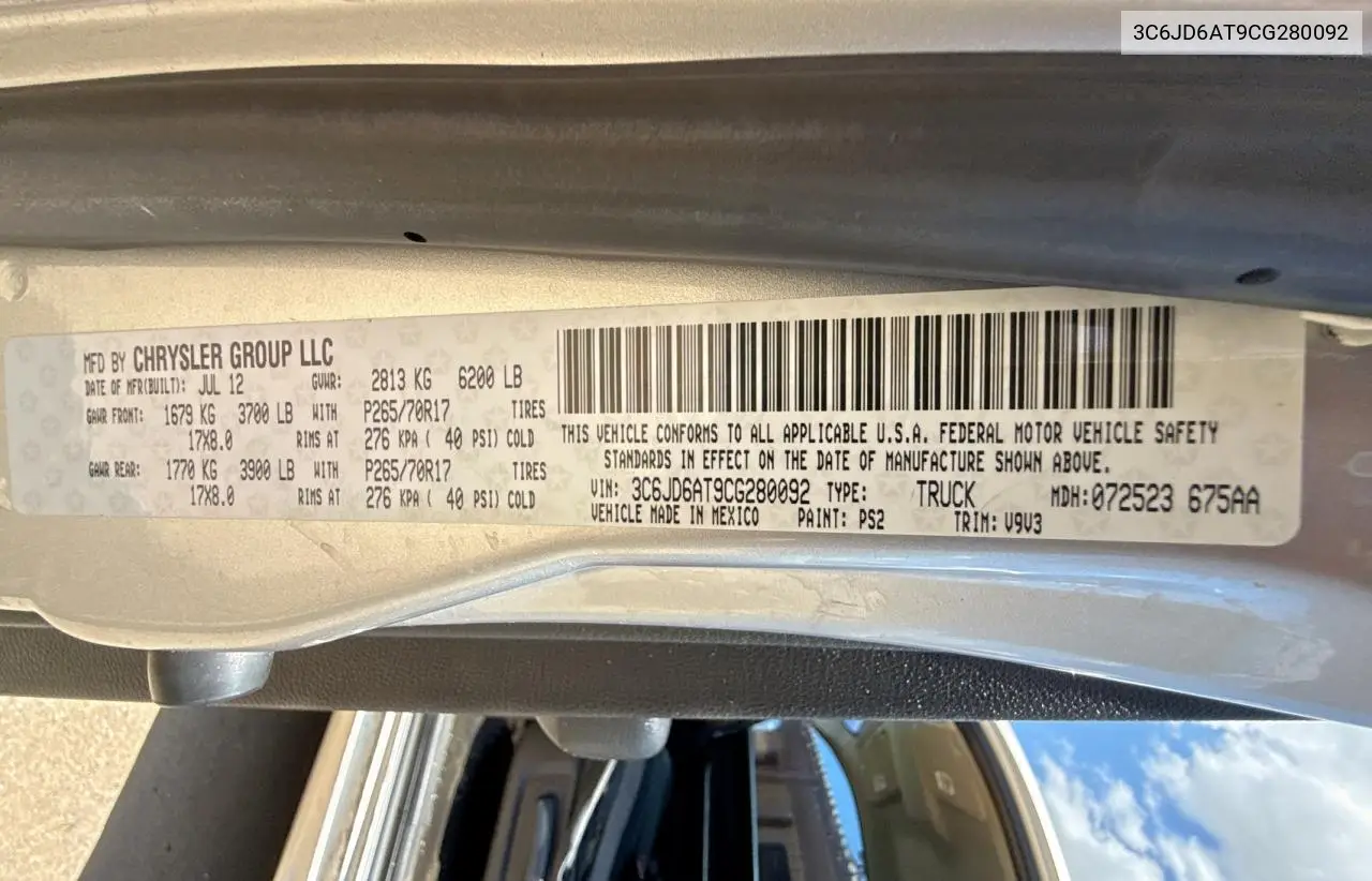 2012 Dodge Ram 1500 St VIN: 3C6JD6AT9CG280092 Lot: 63375375