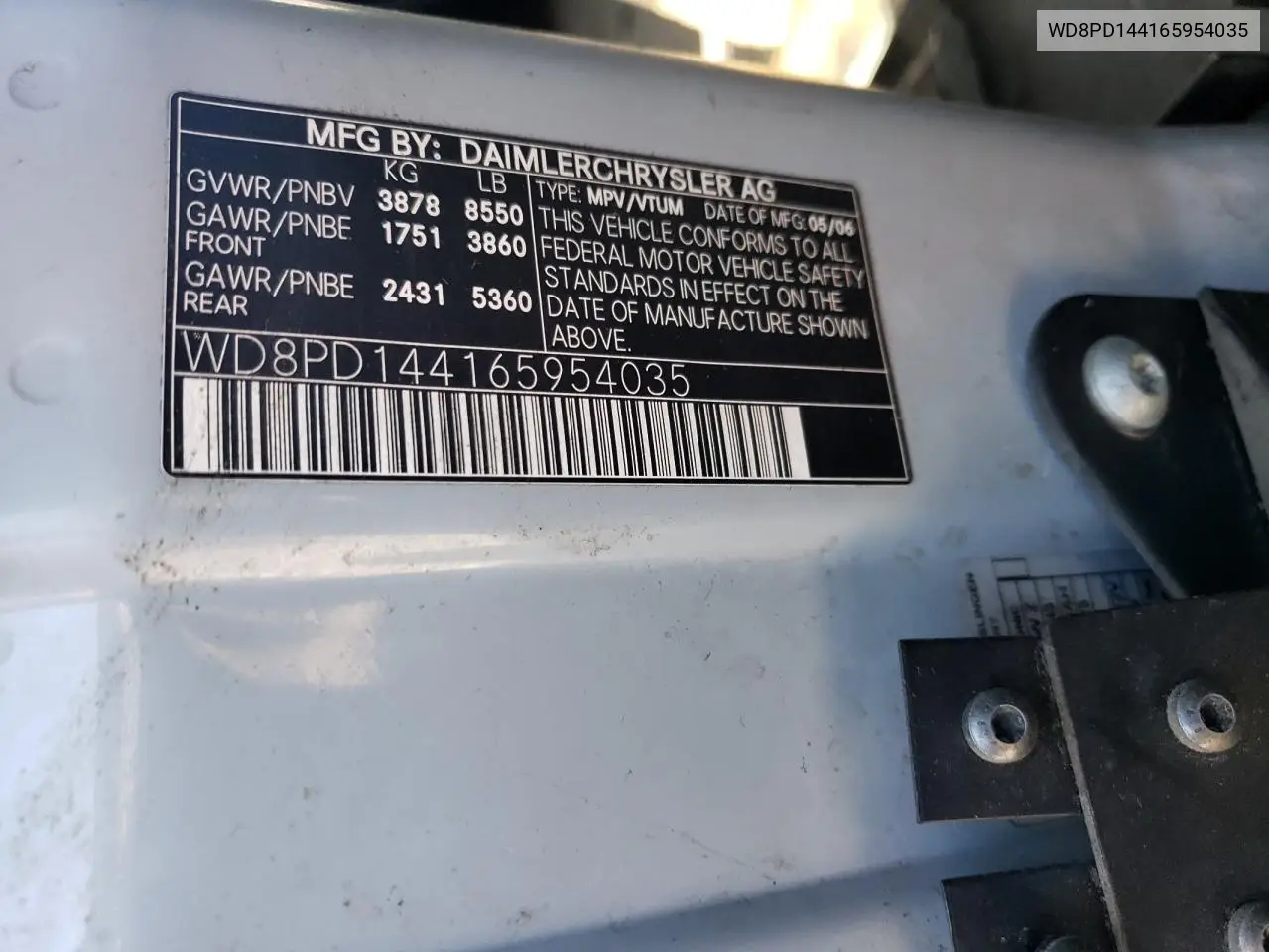 2006 Dodge Sprinter 2500 VIN: WD8PD144165954035 Lot: 61159625