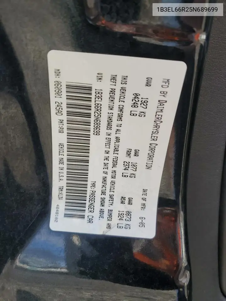 2005 Dodge Stratus R/T VIN: 1B3EL66R25N689699 Lot: 52439895
