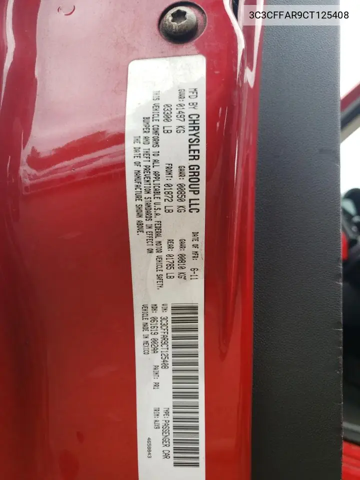 2012 Fiat 500 Pop VIN: 3C3CFFAR9CT125408 Lot: 62158265