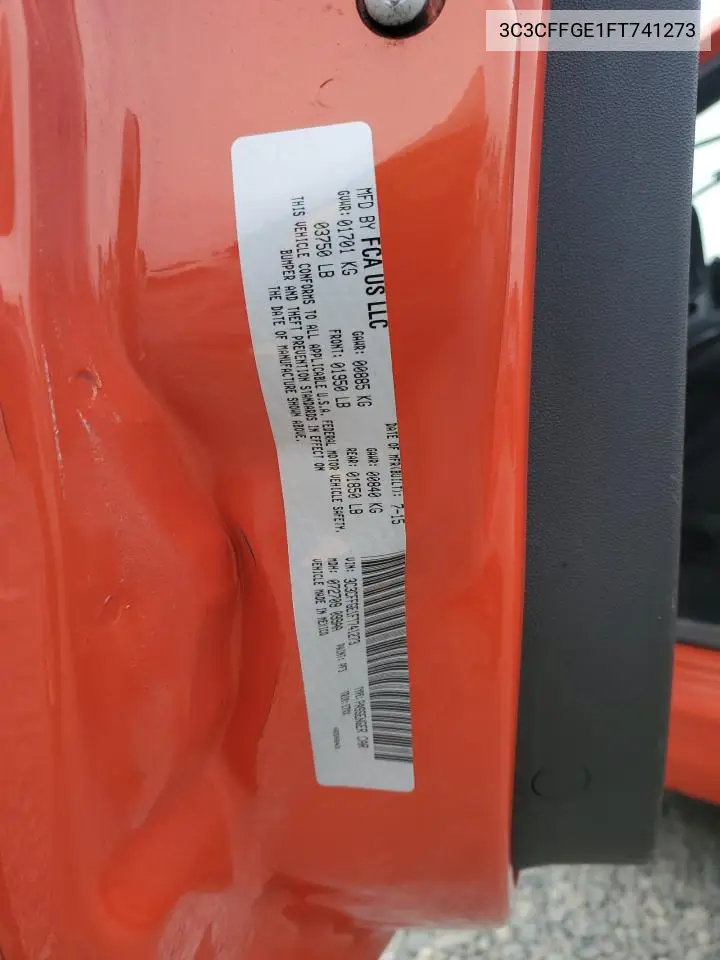 2015 Fiat 500 Electric VIN: 3C3CFFGE1FT741273 Lot: 62807735