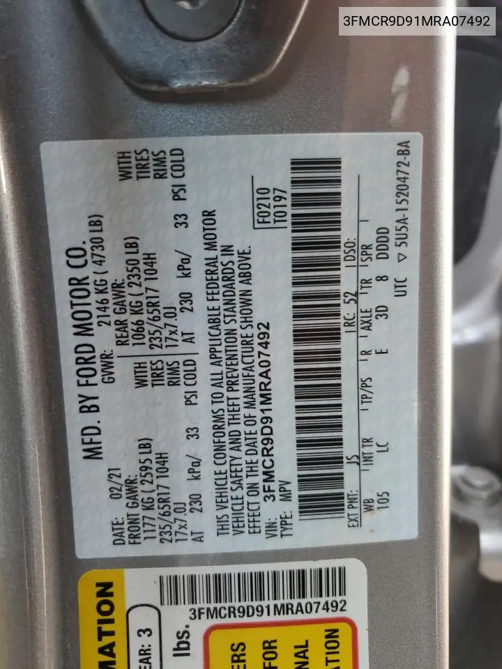 2021 Ford Bronco Sport Badlands VIN: 3FMCR9D91MRA07492 Lot: 62321925