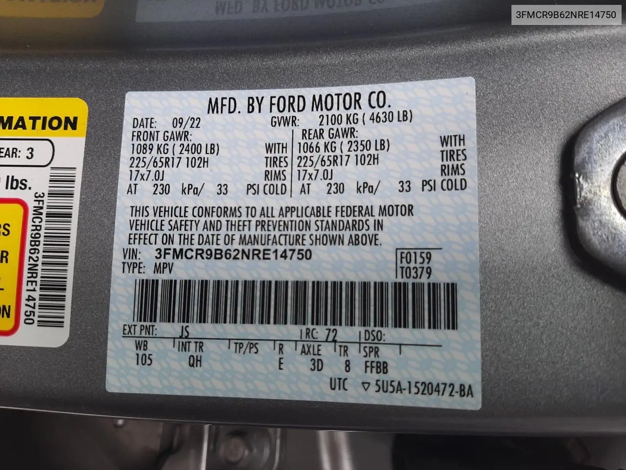 2022 Ford Bronco Sport Big Bend VIN: 3FMCR9B62NRE14750 Lot: 55878225