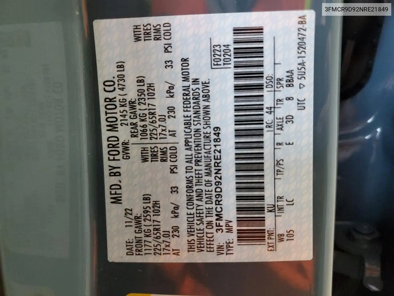 2022 Ford Bronco Sport Badlands VIN: 3FMCR9D92NRE21849 Lot: 56589985