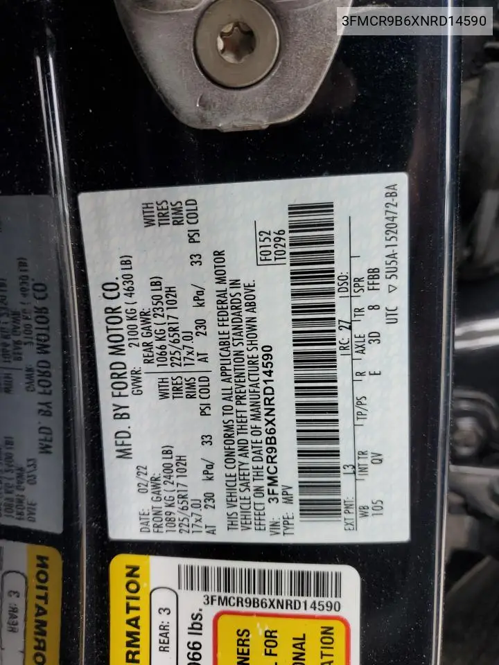2022 Ford Bronco Sport Big Bend VIN: 3FMCR9B6XNRD14590 Lot: 56973255