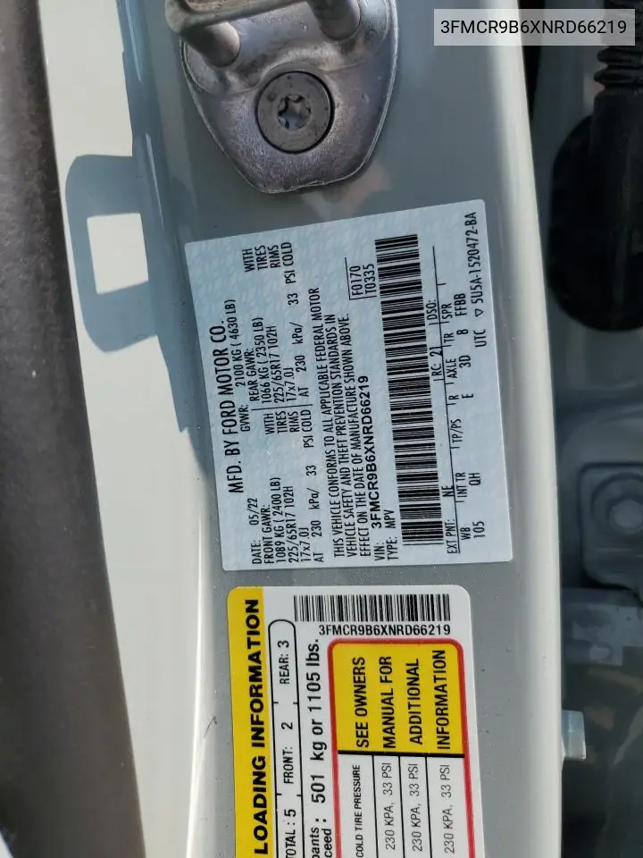 2022 Ford Bronco Sport Big Bend VIN: 3FMCR9B6XNRD66219 Lot: 62023955