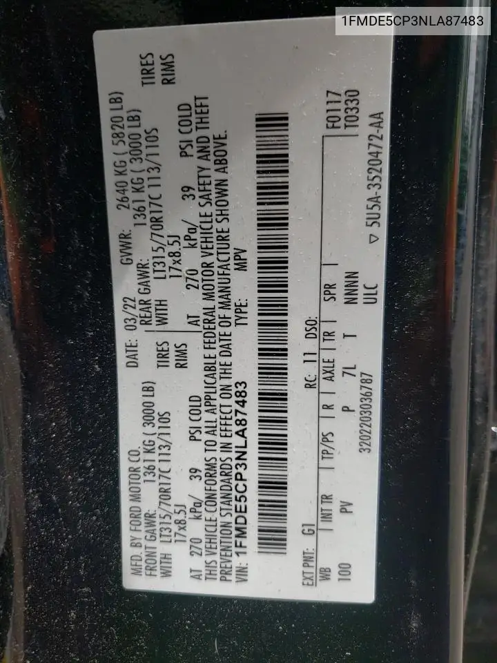 2022 Ford Bronco Base VIN: 1FMDE5CP3NLA87483 Lot: 62569185