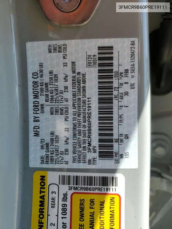 2023 Ford Bronco Sport Big Bend VIN: 3FMCR9B60PRE19111 Lot: 56310355