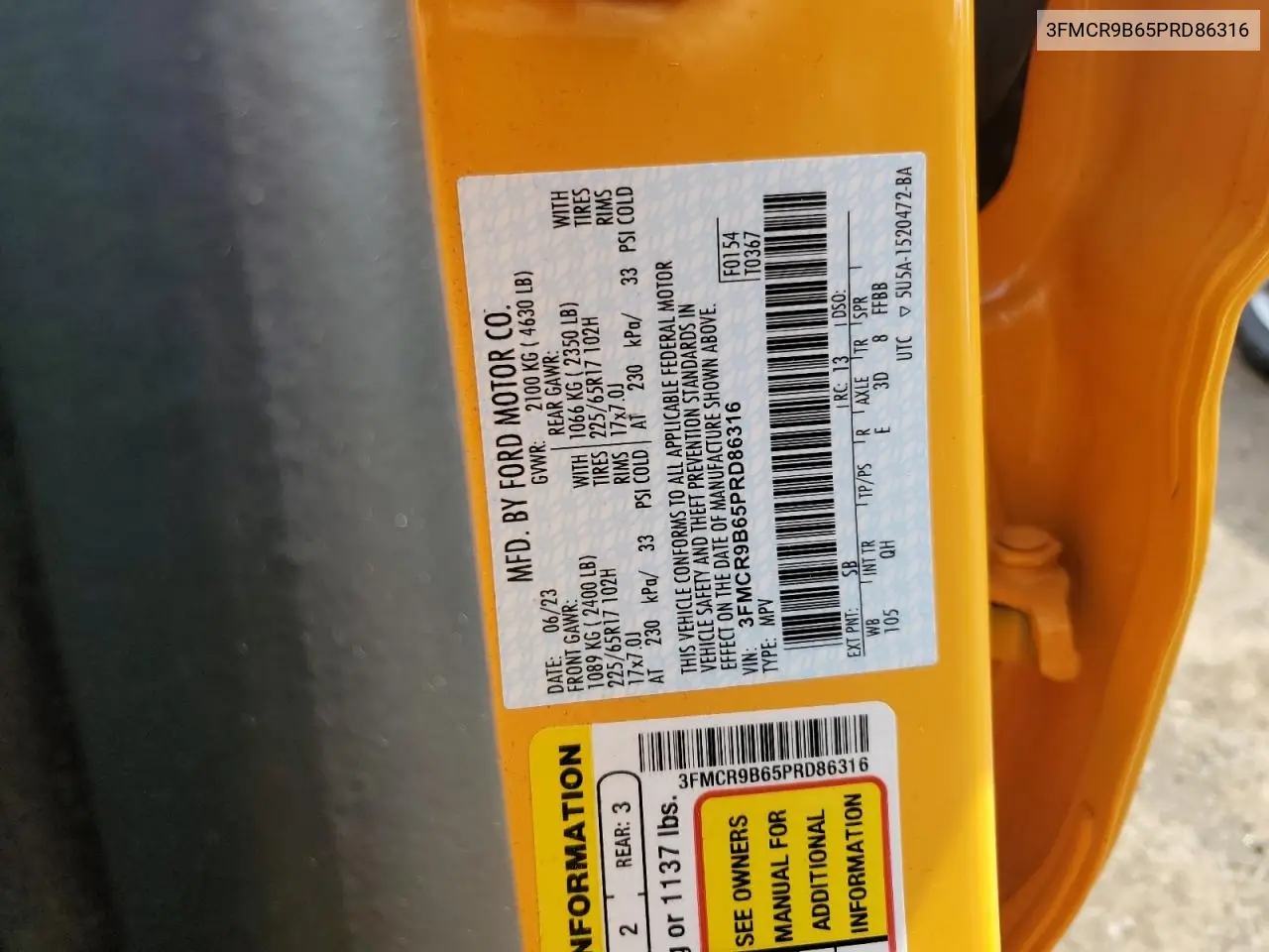 2023 Ford Bronco Sport Big Bend VIN: 3FMCR9B65PRD86316 Lot: 56488285