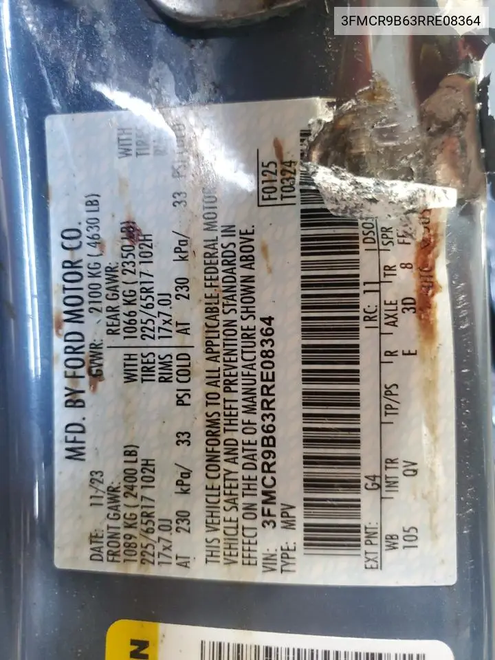 2024 Ford Bronco Sport Big Bend VIN: 3FMCR9B63RRE08364 Lot: 62682195