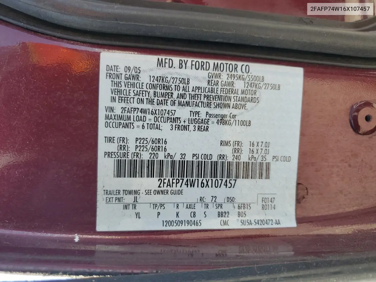 2006 Ford Crown Victoria Lx VIN: 2FAFP74W16X107457 Lot: 59679795