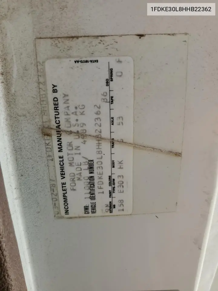 1987 Ford Econoline E350 Cutaway Van VIN: 1FDKE30L8HHB22362 Lot: 61780445