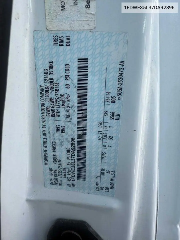 2007 Ford Econoline E350 Super Duty Cutaway Van VIN: 1FDWE35L37DA92896 Lot: 64808445