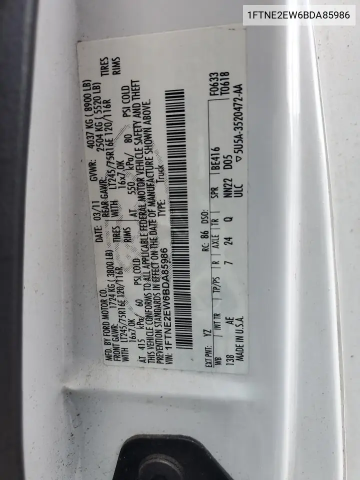 2011 Ford Econoline E250 Van VIN: 1FTNE2EW6BDA85986 Lot: 61814755