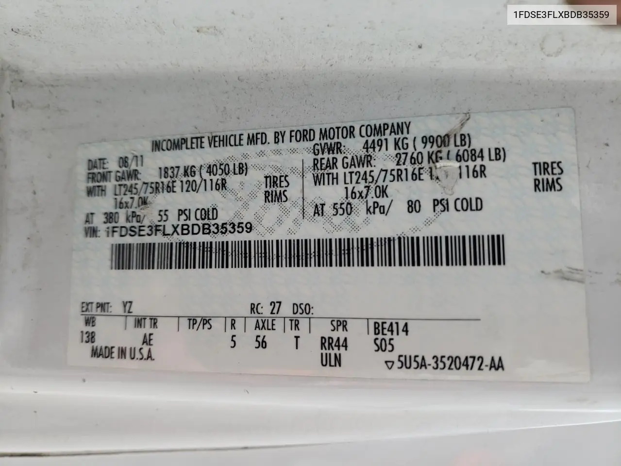 2011 Ford Econoline E350 Super Duty Cutaway Van VIN: 1FDSE3FLXBDB35359 Lot: 63303385