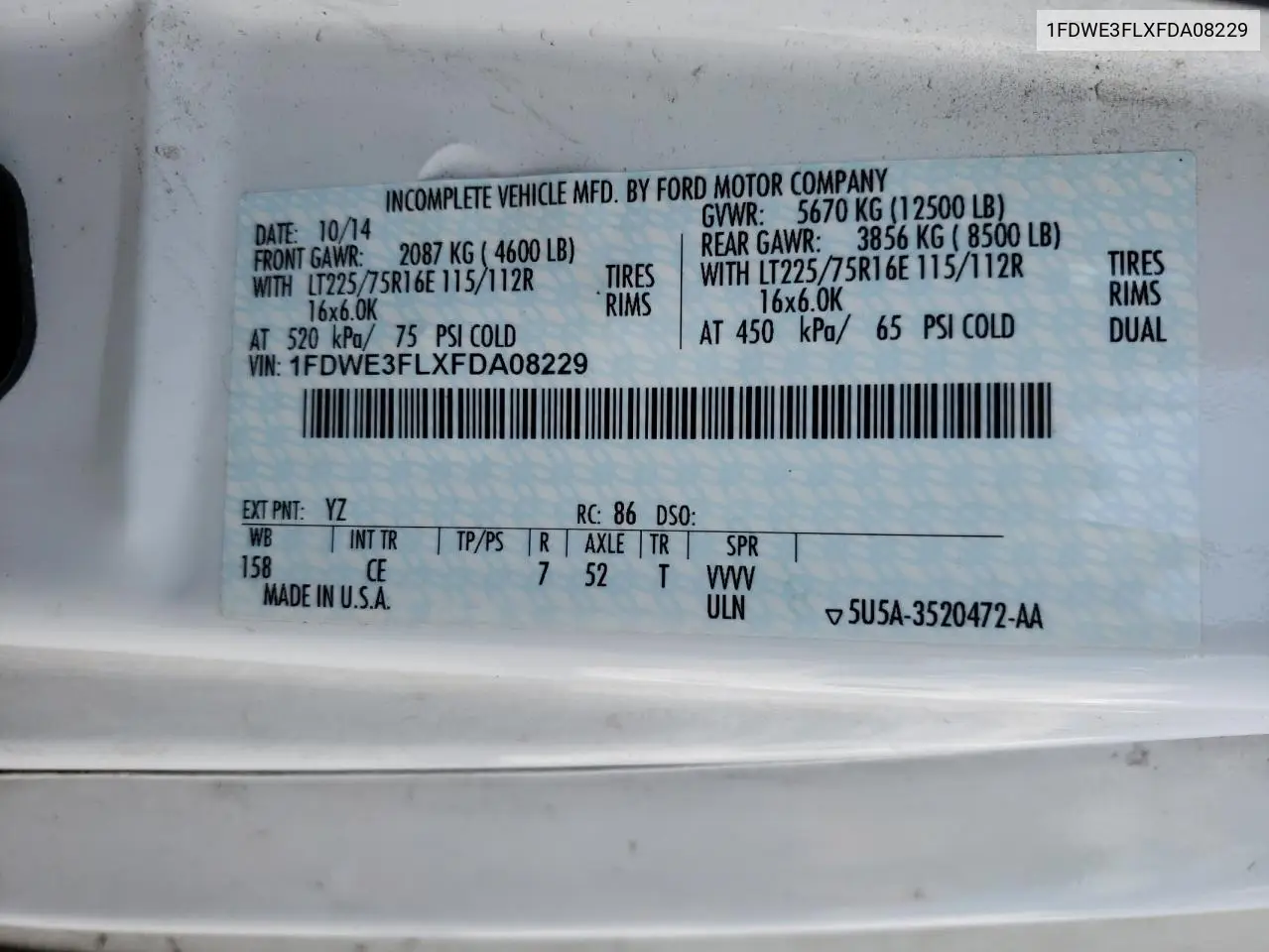2015 Ford Econoline E350 Super Duty Cutaway Van VIN: 1FDWE3FLXFDA08229 Lot: 63508655