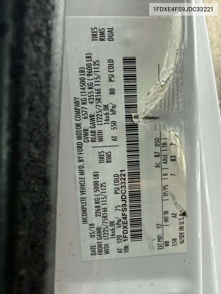 2018 Ford Econoline E450 Super Duty Cutaway Van VIN: 1FDXE4FS9JDC33221 Lot: 56857655