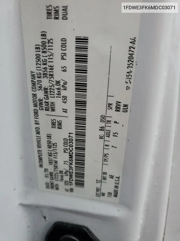 2021 Ford Econoline E350 Super Duty Cutaway Van VIN: 1FDWE3FK6MDC03071 Lot: 62810085