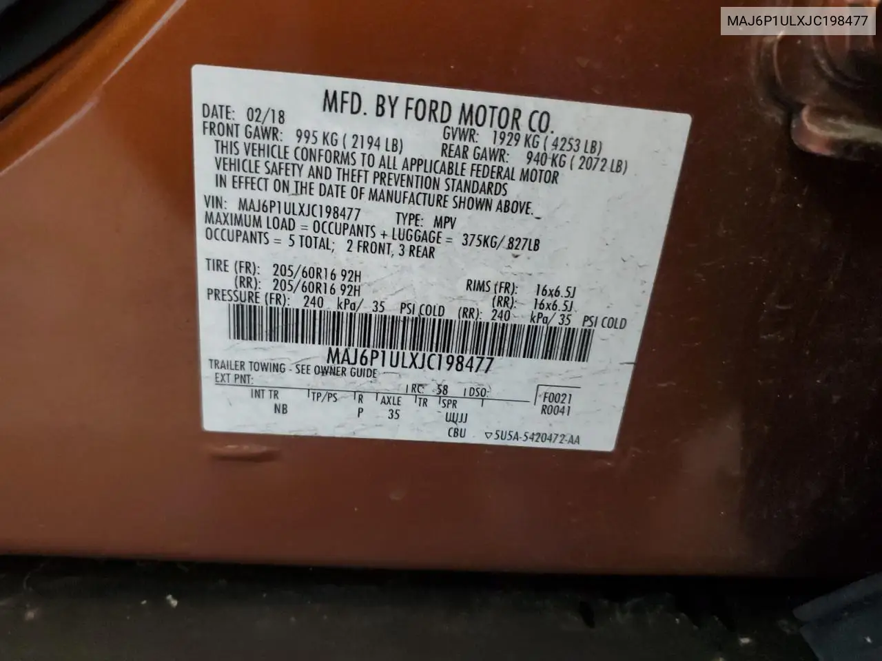 2018 Ford Ecosport Se VIN: MAJ6P1ULXJC198477 Lot: 62337635