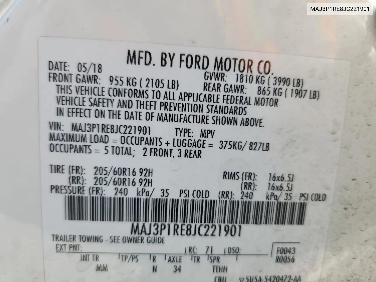 2018 Ford Ecosport S VIN: MAJ3P1RE8JC221901 Lot: 62700995