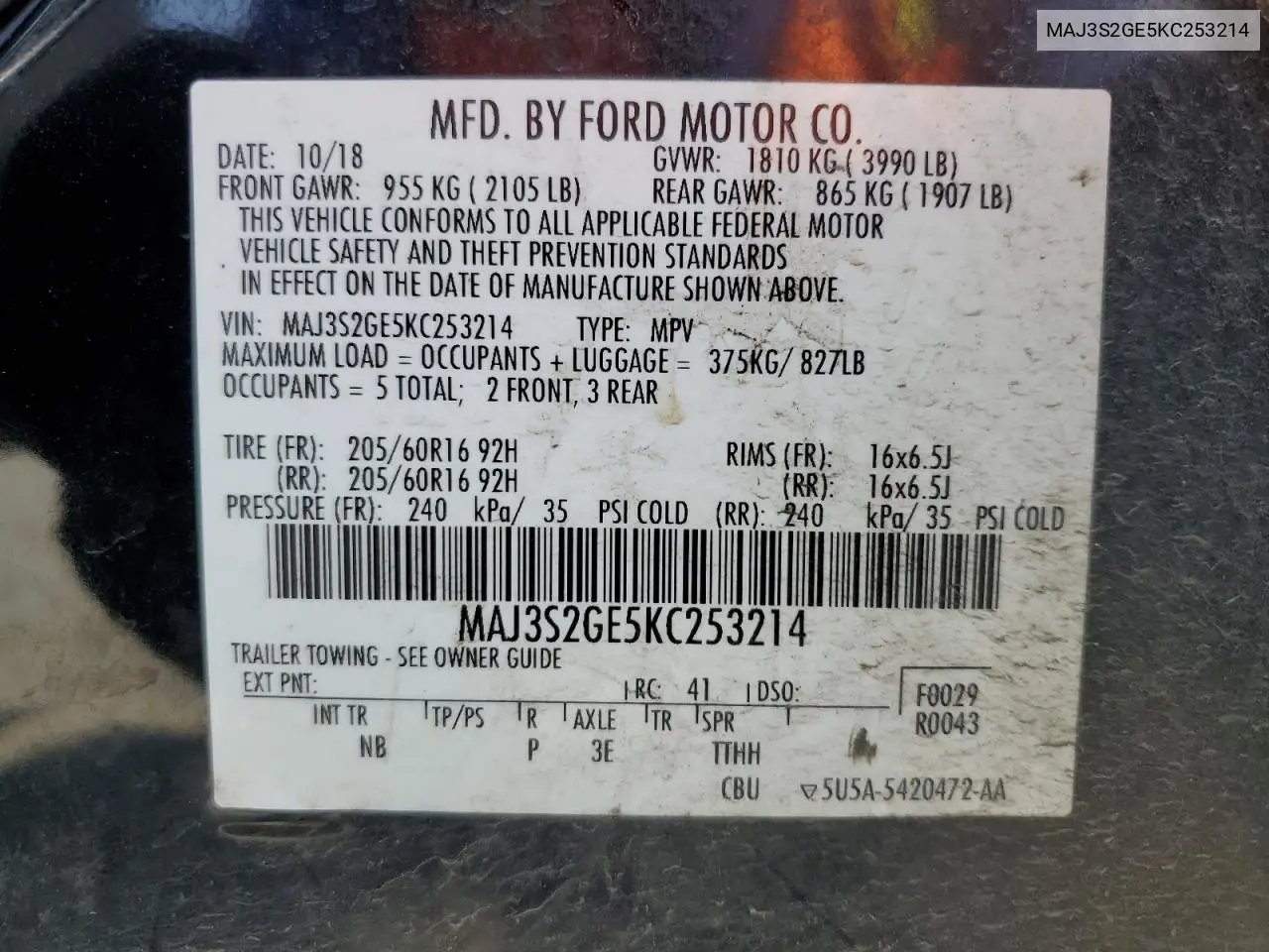 2019 Ford Ecosport Se VIN: MAJ3S2GE5KC253214 Lot: 61303535