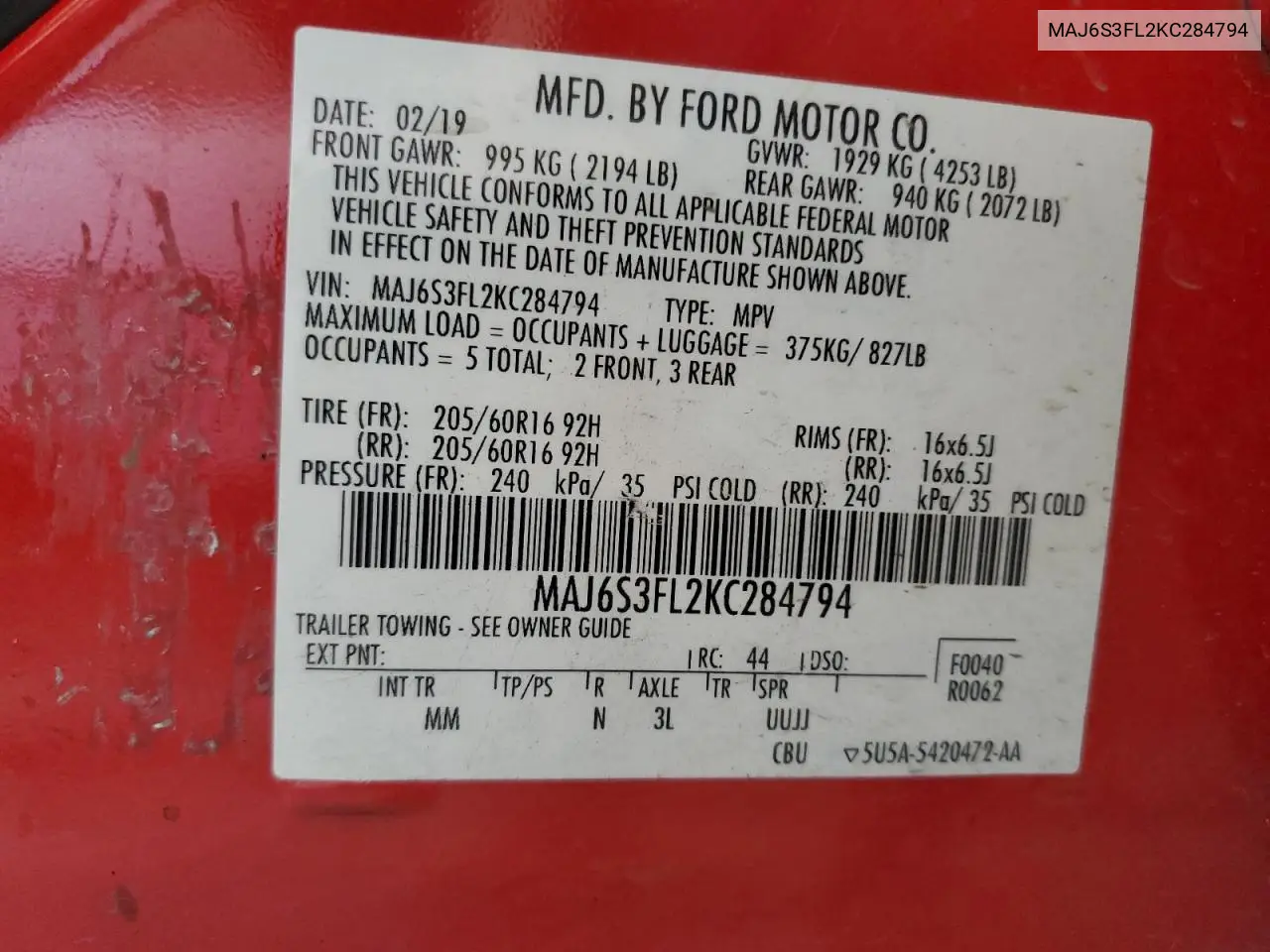 2019 Ford Ecosport S VIN: MAJ6S3FL2KC284794 Lot: 62328605