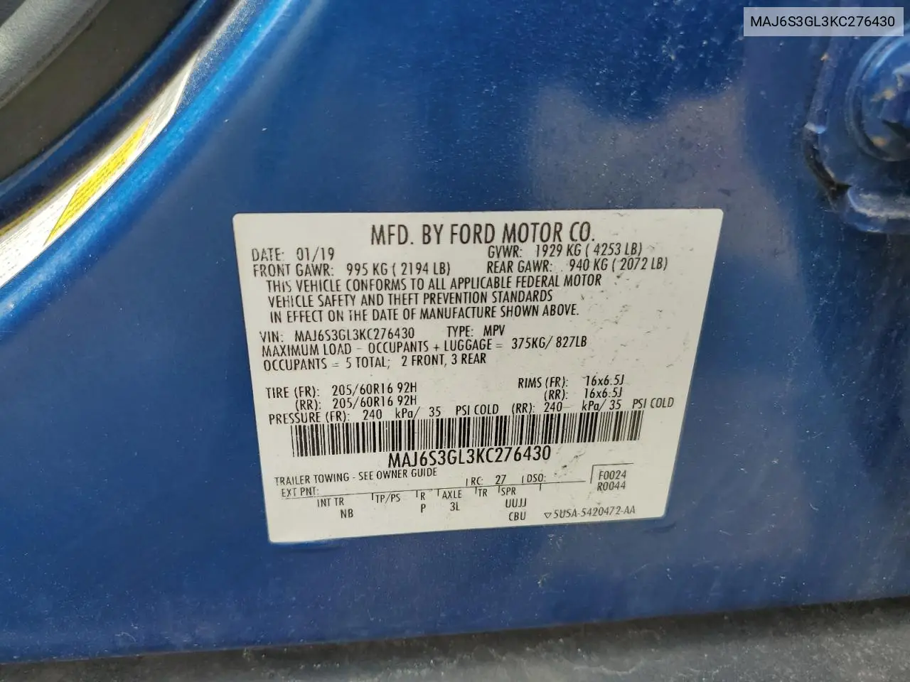 2019 Ford Ecosport Se VIN: MAJ6S3GL3KC276430 Lot: 62683535