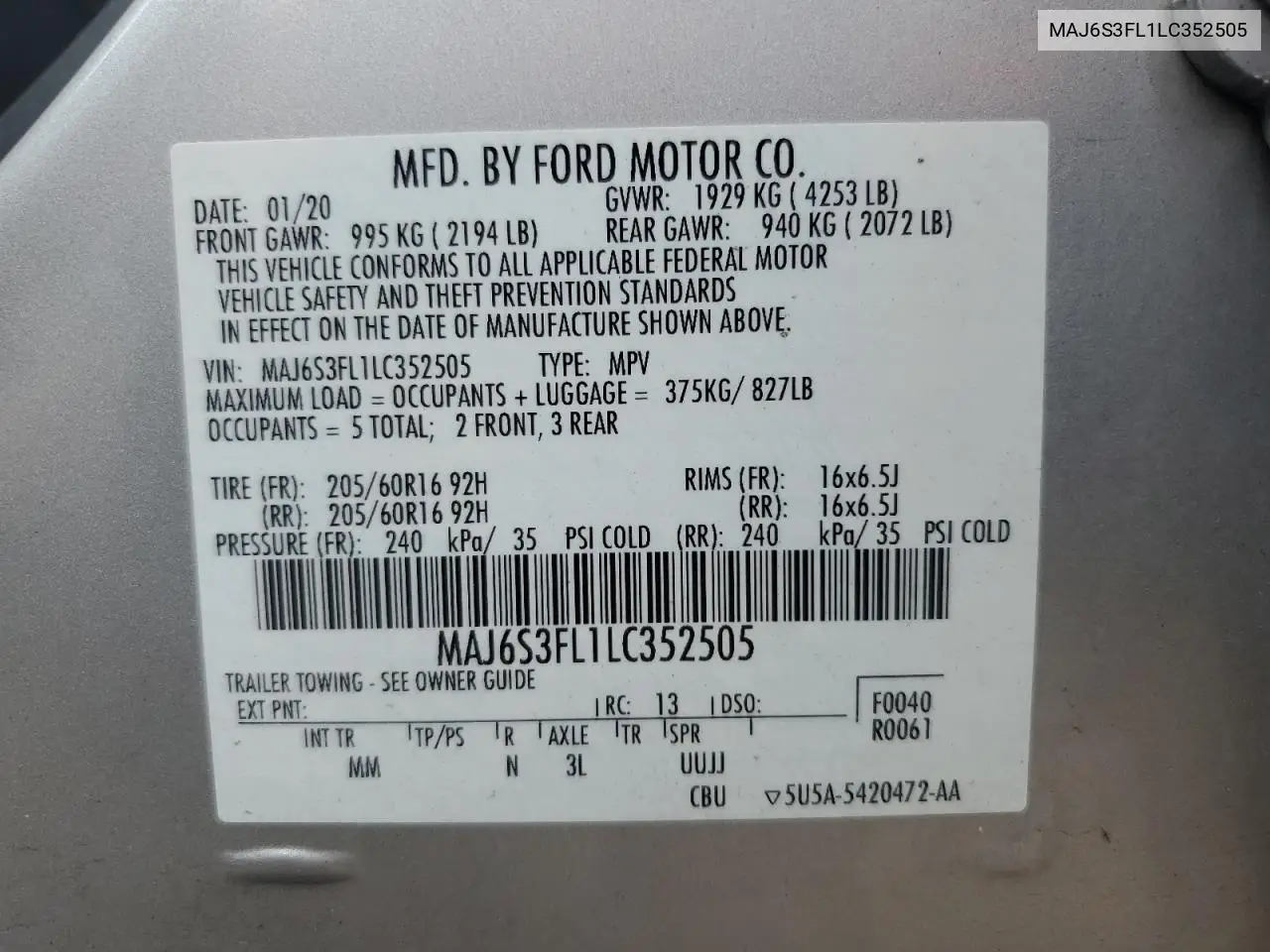 2020 Ford Ecosport S VIN: MAJ6S3FL1LC352505 Lot: 62653215
