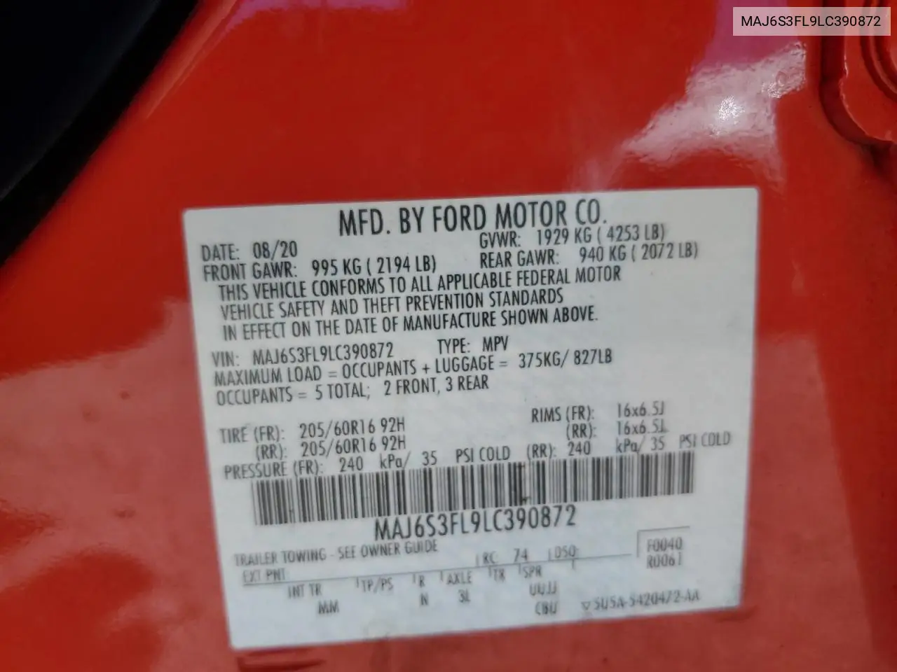 2020 Ford Ecosport S VIN: MAJ6S3FL9LC390872 Lot: 63056755