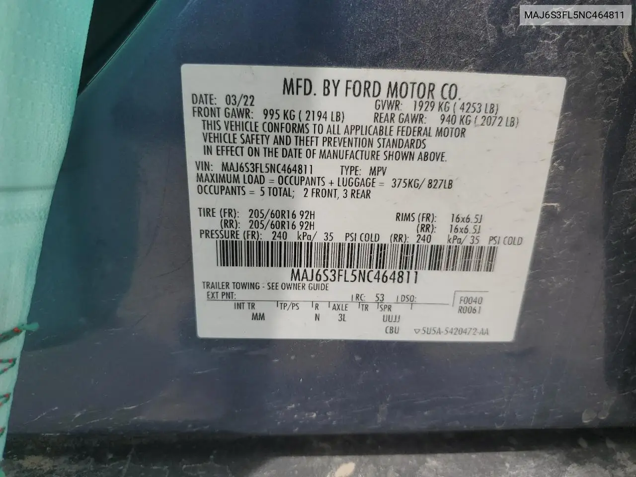2022 Ford Ecosport S VIN: MAJ6S3FL5NC464811 Lot: 60833635