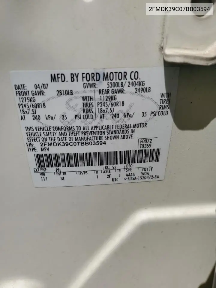 2007 Ford Edge Sel Plus VIN: 2FMDK39C07BB03594 Lot: 56865115