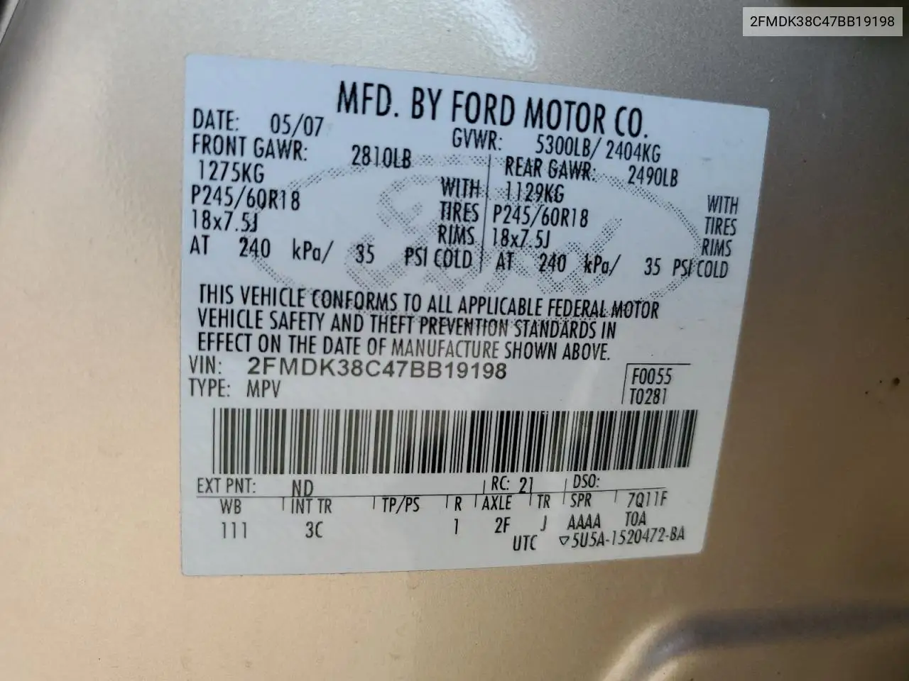 2007 Ford Edge Sel VIN: 2FMDK38C47BB19198 Lot: 61833545