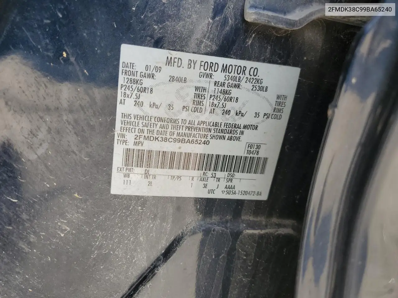 2009 Ford Edge Sel VIN: 2FMDK38C99BA65240 Lot: 65986785