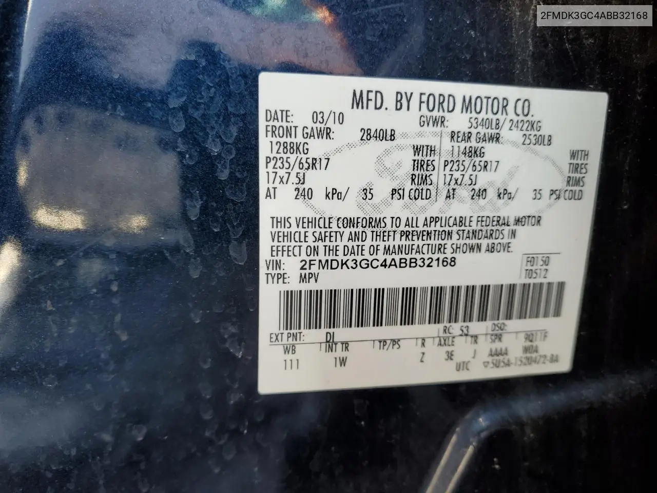 2010 Ford Edge Se VIN: 2FMDK3GC4ABB32168 Lot: 42915475