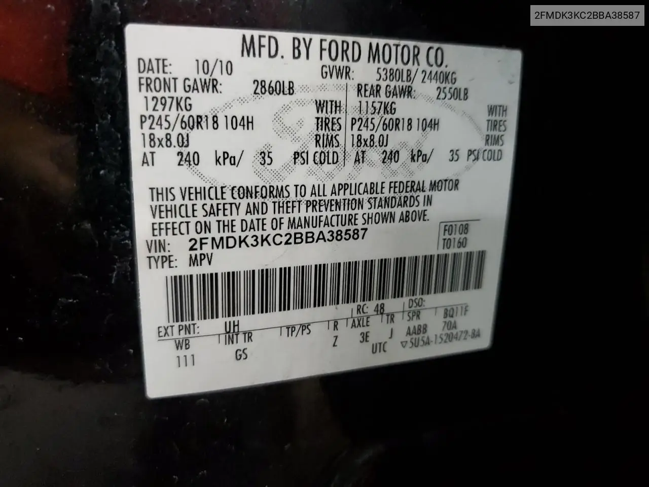 2011 Ford Edge Limited VIN: 2FMDK3KC2BBA38587 Lot: 62549395