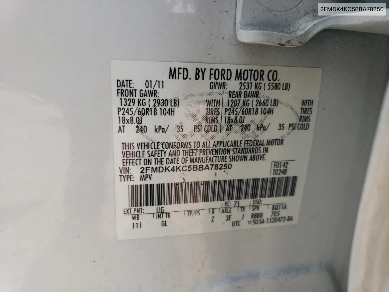 2011 Ford Edge Limited VIN: 2FMDK4KC5BBA78250 Lot: 62793685
