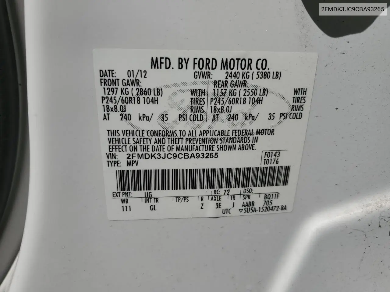 2012 Ford Edge Sel VIN: 2FMDK3JC9CBA93265 Lot: 53201755