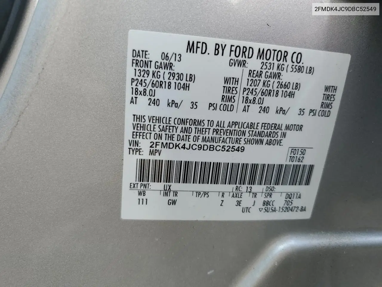 2013 Ford Edge Sel VIN: 2FMDK4JC9DBC52549 Lot: 63039255