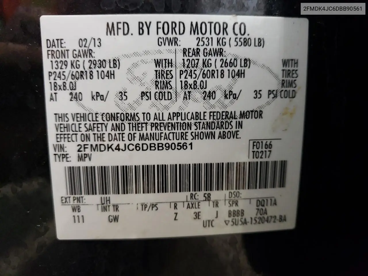 2013 Ford Edge Sel VIN: 2FMDK4JC6DBB90561 Lot: 63054745