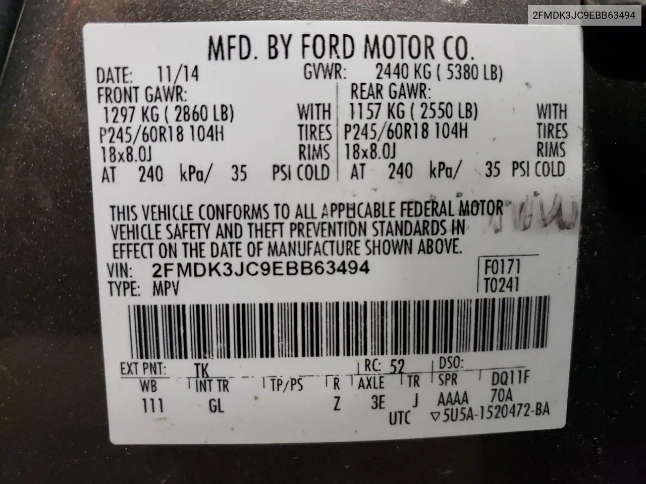 2014 Ford Edge Sel VIN: 2FMDK3JC9EBB63494 Lot: 63082915