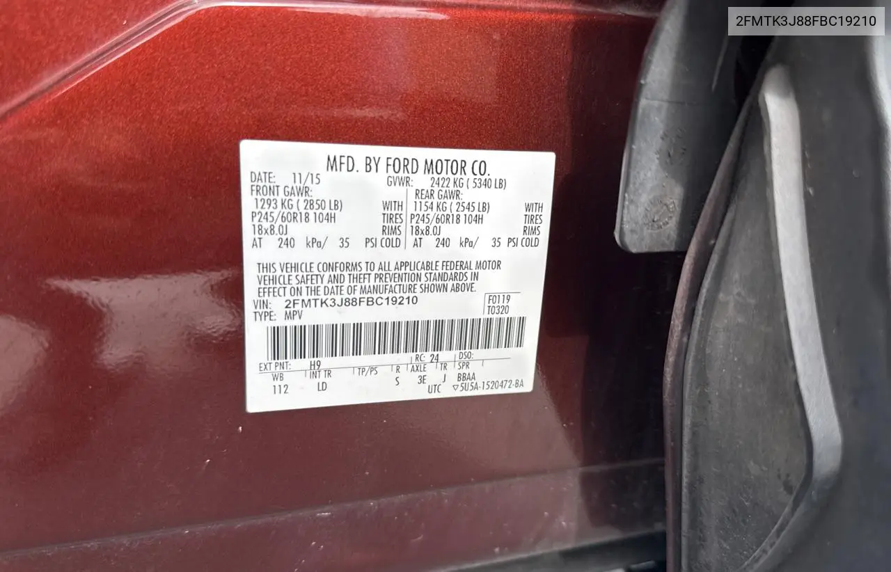 2015 Ford Edge Sel VIN: 2FMTK3J88FBC19210 Lot: 63209245