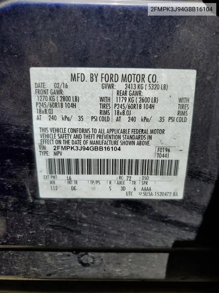 2fmpk3j94gbb16104 2FMPK3J94GBB16104 2016 Ford Edge Sel