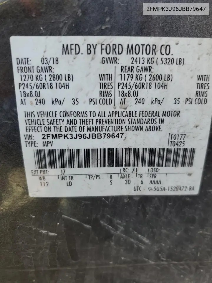2018 Ford Edge Sel VIN: 2FMPK3J96JBB79647 Lot: 56567355